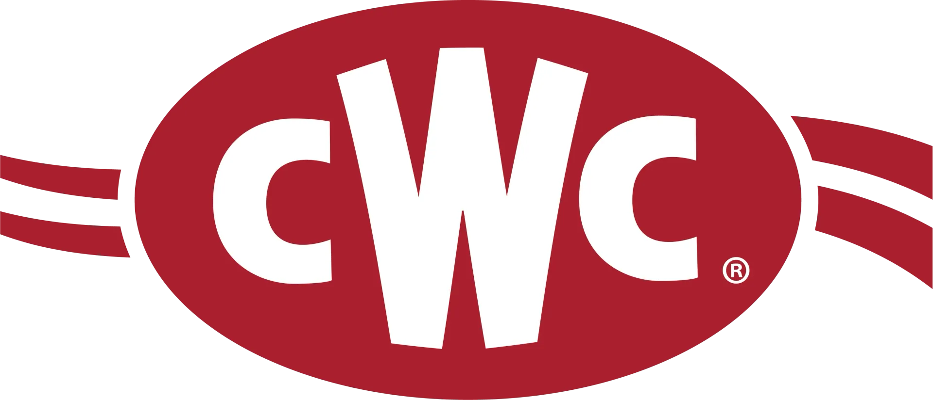 Cwc logo in white on a red oval background