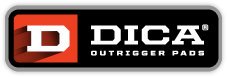 DICA Outrigger Pads logo with white text on black, featuring a red square icon and stylized white “D”