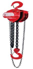 Red manual chain hoist with hook and chain on a white background