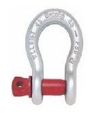 Red shackles securing a silver metal shackle with engraved markings on a white background
