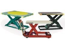 Three folding scissor lift tables in green, red, and black, shown side by side on a white background.