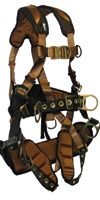 Brown leather climbing harness with leg loops and metal rings, isolated on white background