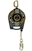 Retractable black-and-yellow dog leash with clip and hand loop