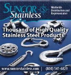 Suncor Stainless ad showing polished stainless steel hardware on a blue background with website and phone number