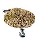 Oval brown-and-gold chain mail scrubber with metal hook on white background