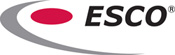 ESCO logo with black text and red oval on a gray swoosh background