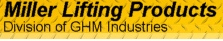 Miller Lifting Products logo on yellow striped background, with “Division of GHM Industries” text