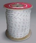 Spool of white braided rope with a red label on top, standing upright on a beige base