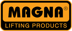 MAGNA Lifting Products logo in black and orange with bold black text on a rounded rectangle.