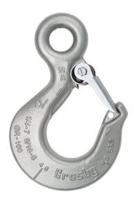 Silver metal carabiner hook with spring gate and top loop on a white background