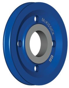 Blue and silver metal wheel hub with four bolt holes on a white background