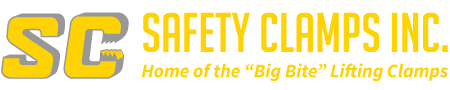 Safety Clamps Inc. logo with yellow SC initials and the tagline “Home of the Big Bite Lifting Clamps”