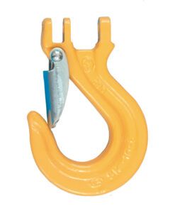 Orange metal chain hook with a silver safety latch on a white background