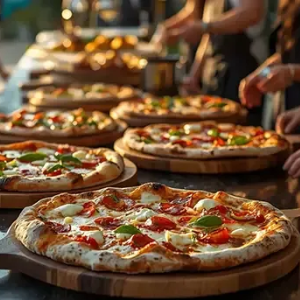 Trays of fresh pizzas with tomatoes and basil on a wooden table in a warm kitchen or market setting