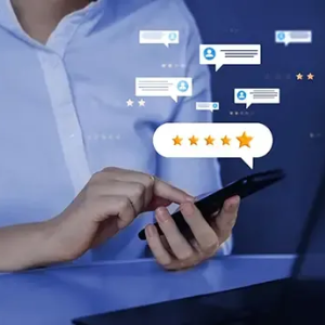 Person using smartphone with floating five-star rating and review icons on a blue background