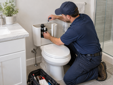 Residential plumber repairing a toilet in a Lincolnton, NC home.