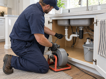 Residential plumber performing kitchen drain cleaning in a Lincolnton, NC home.