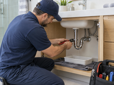 Residential plumber repairing a leaking pipe under a sink in Lincolnton, NC.