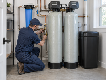 Plumber installing a whole-home water filtration system in Lincolnton, NC.