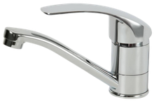 A close up of a chrome faucet on a white background A close up of a chrome faucet on a white background