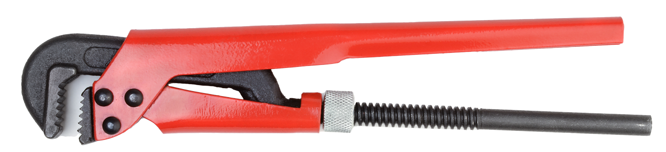 A close up of a red pipe wrench on a white background. A close up of a red pipe wrench on a white background.