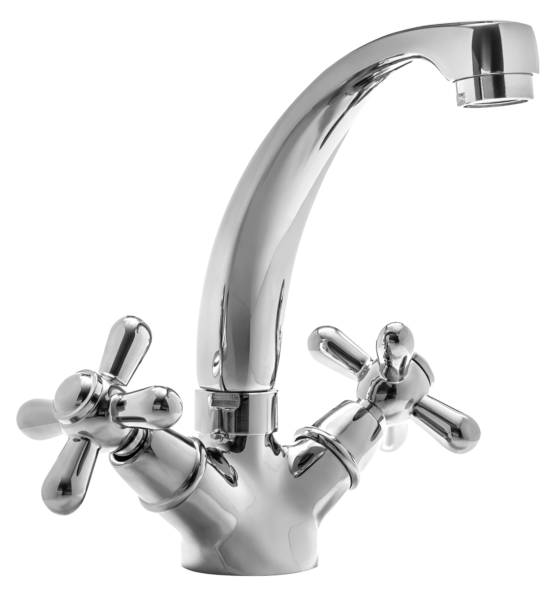 A chrome faucet with two cross handles on a white background