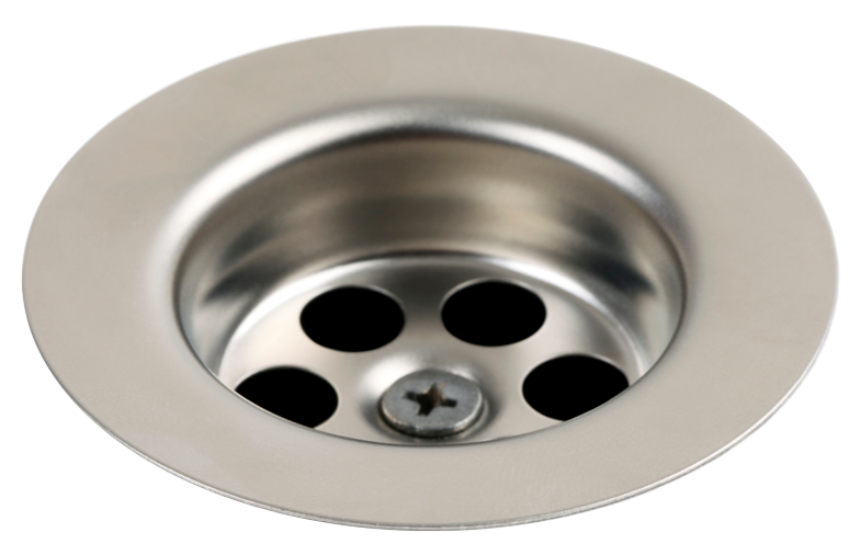 A stainless steel sink drain with a screw in it A stainless steel sink drain with a screw in it