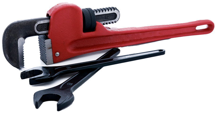 A red pipe wrench and two black wrenches on a white background. A red pipe wrench and two black wrenches on a white background.