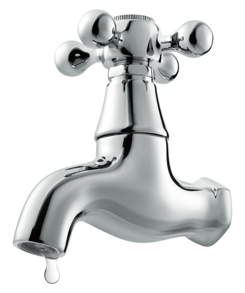 A chrome faucet with a drop of water coming out of it A chrome faucet with a drop of water coming out of it