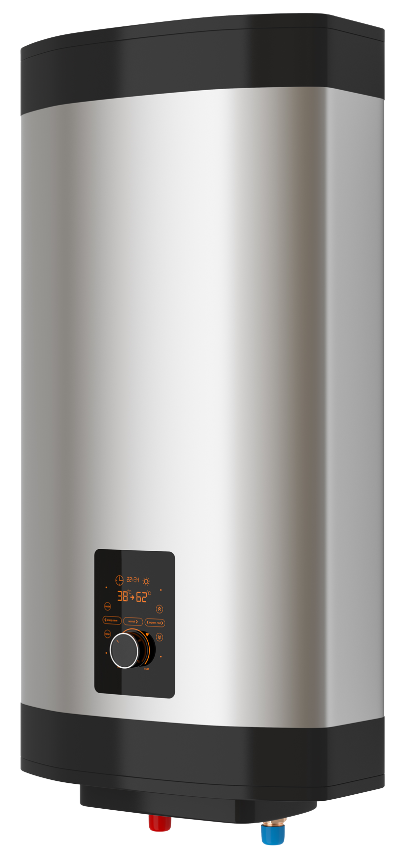A stainless steel water heater with a black trim on a white background. A stainless steel water heater with a black trim on a white background.
