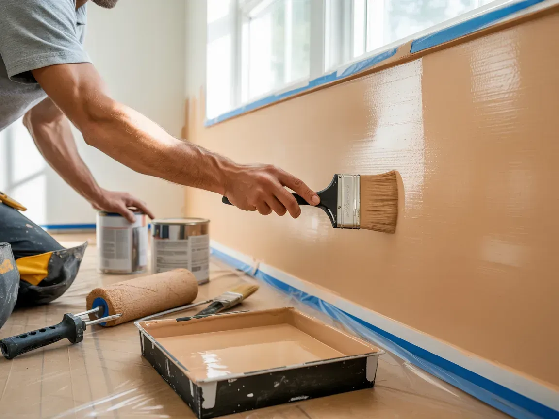 Person painting a beige wall with a roller, paint tray and tools on the floor.