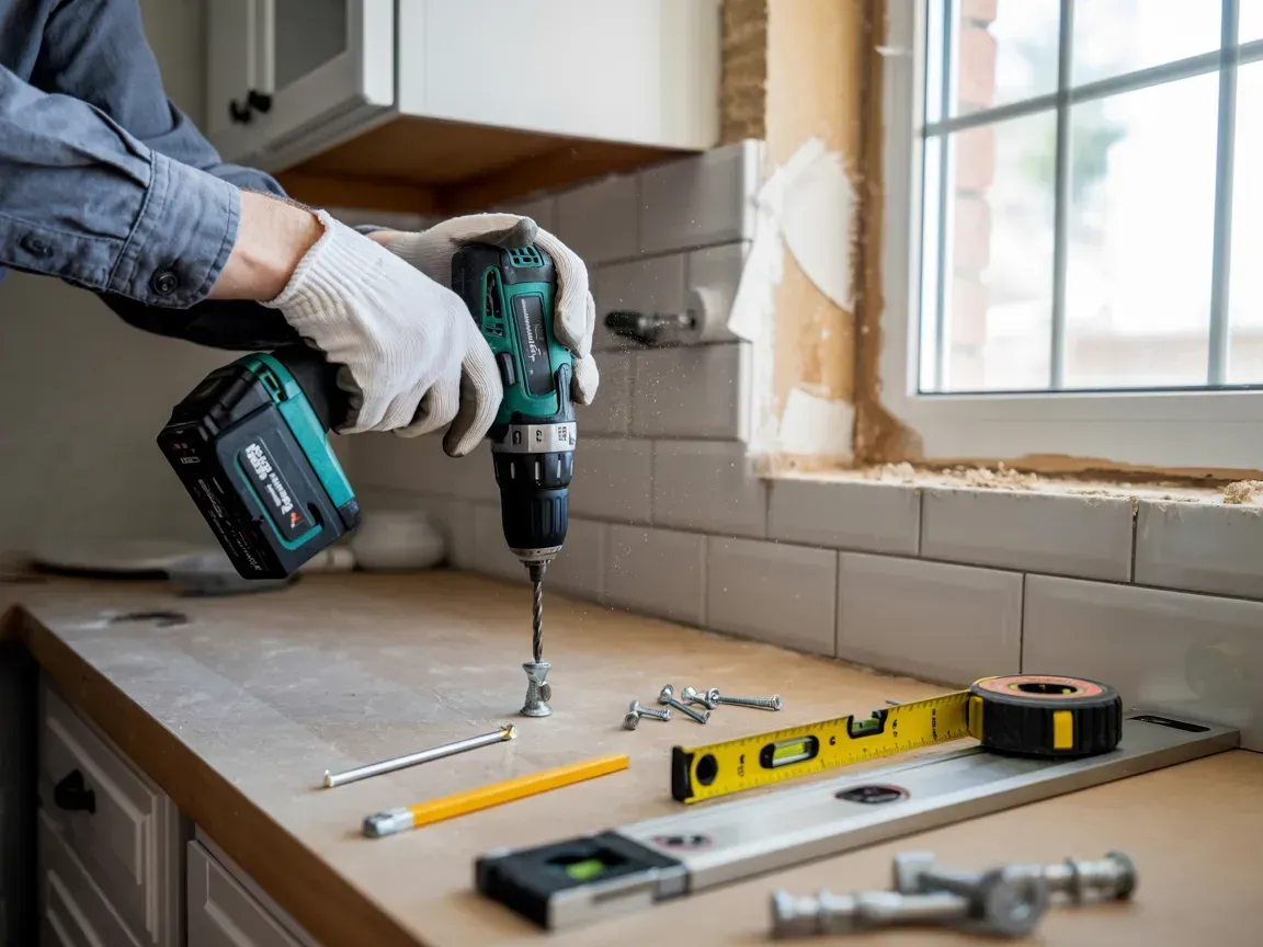 Gloved hands using a cordless drill to install a screw on a windowsill during home renovation