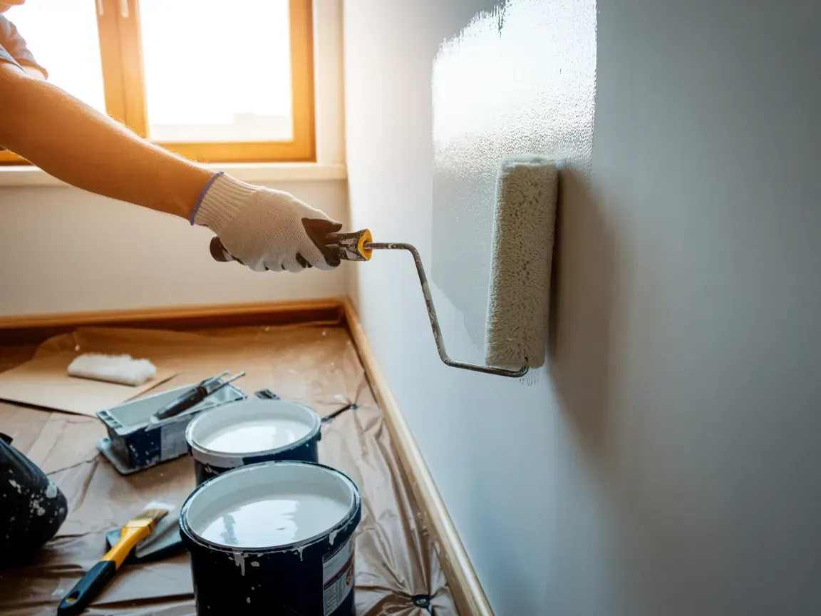 Person painting a white wall with a roller beside paint cans and tools near a window