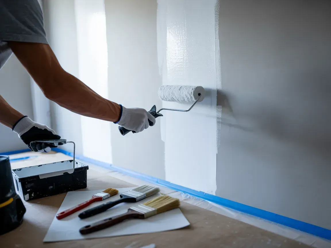 Painter rolling white paint on a wall with blue tape along the baseboard and tools on the floor