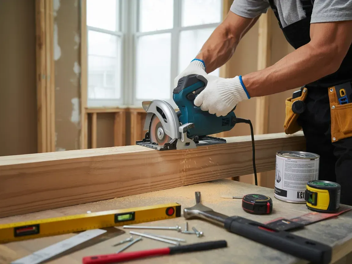 Worker using a circular saw to cut wood on a workbench in a workshop.