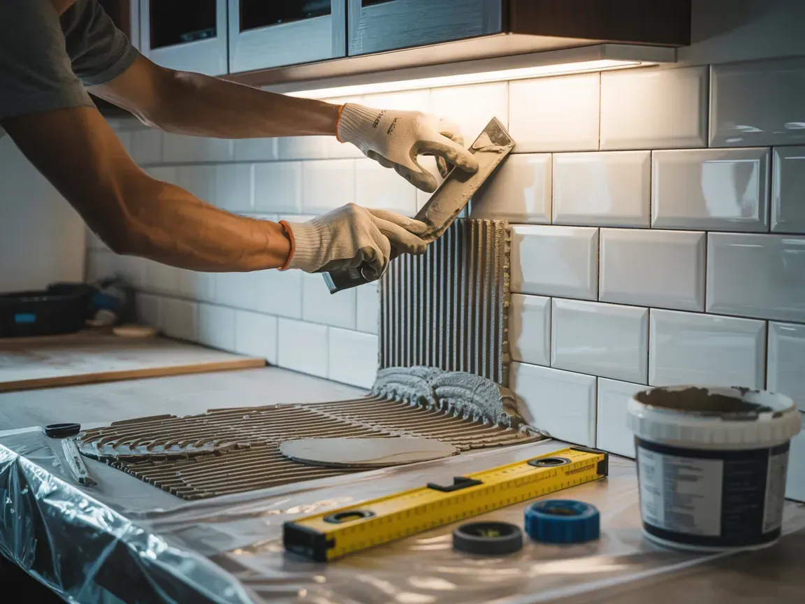 Hands tiling a white subway-tile backsplash under cabinet lights in a kitchen