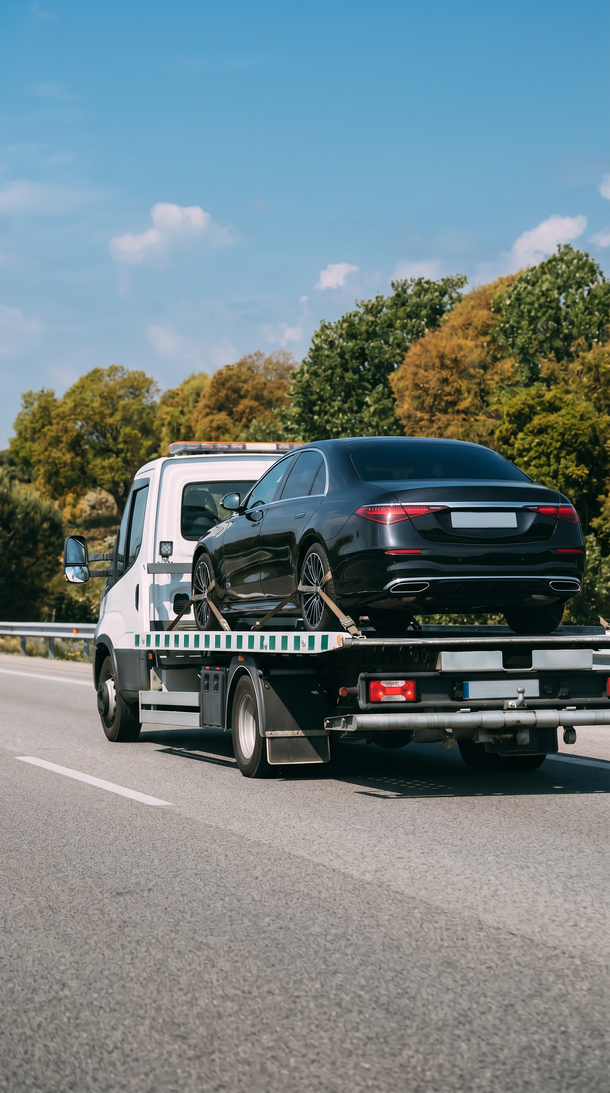 Ein schwarzer Sportwagen auf einem Abschleppwagen fährt auf einer Autobahn unter blauem Himmel