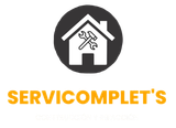 Logotipo de SERVICOMPLET con una casa blanca, una llave inglesa y un destornillador en un círculo oscuro sobre fondo blanco.