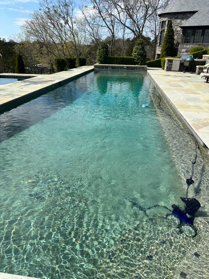 Rectangular outdoor pool with clear water, stone patio, and manicured landscaping.