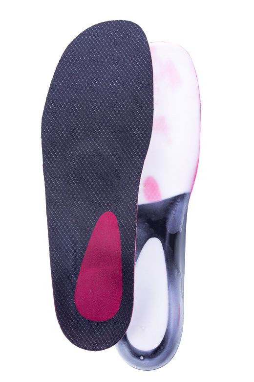 Due solette ortopediche: una nera con tallone rosso, l'altra bianca con supporto plantare nero e talloniera grigia.