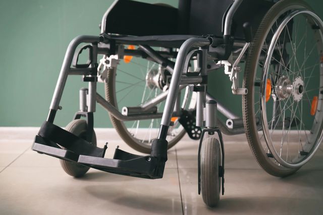 Una sedia a rotelle manuale grigia con poggiapiedi nero, posizionata su un pavimento piastrellato contro una parete verde salvia.