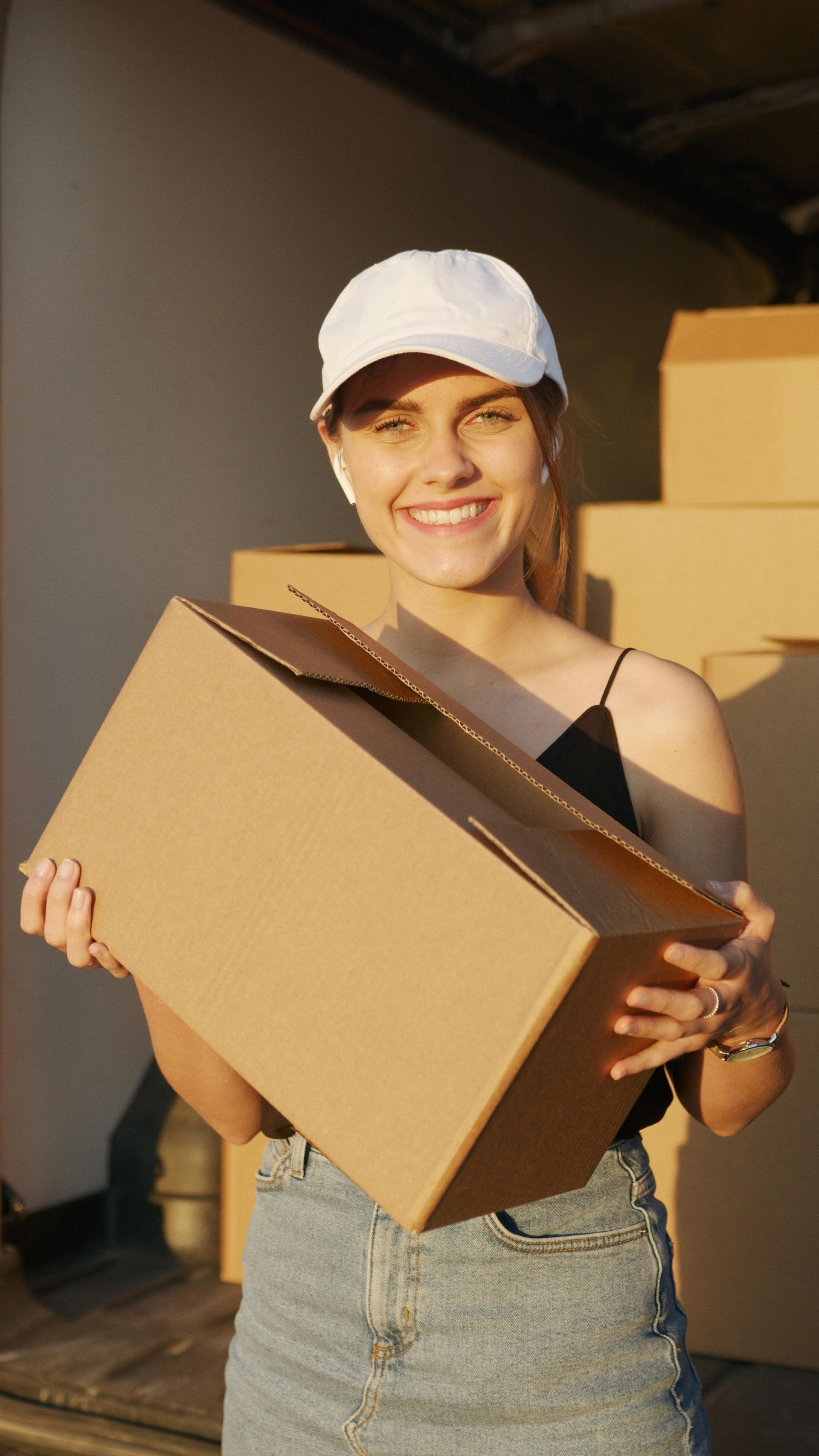 Mulher de boné segura caixa de papelão, sorrindo. Caixas ao fundo. Ao ar livre.