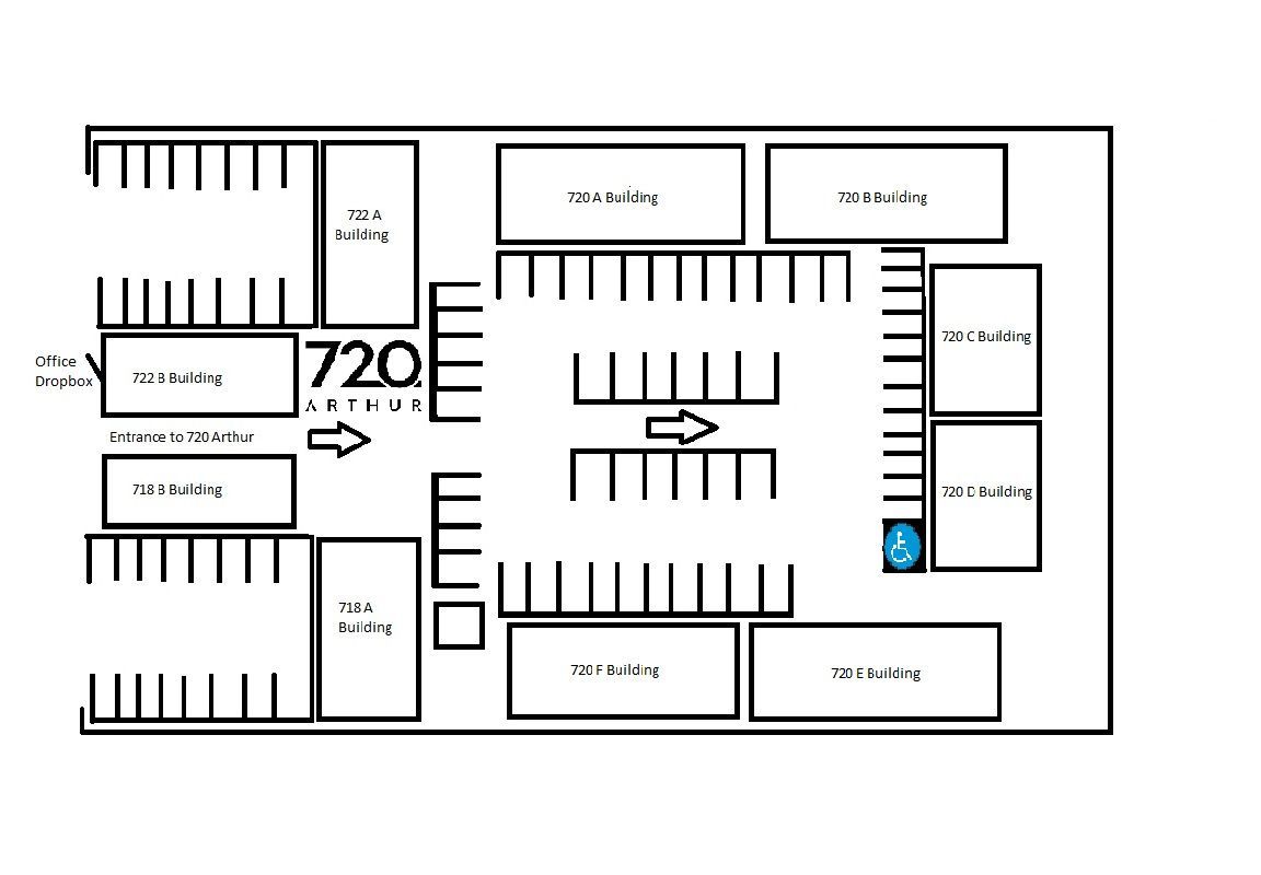 Store floor plan with marked aisles, parking spaces, and a blue location marker near the right side.