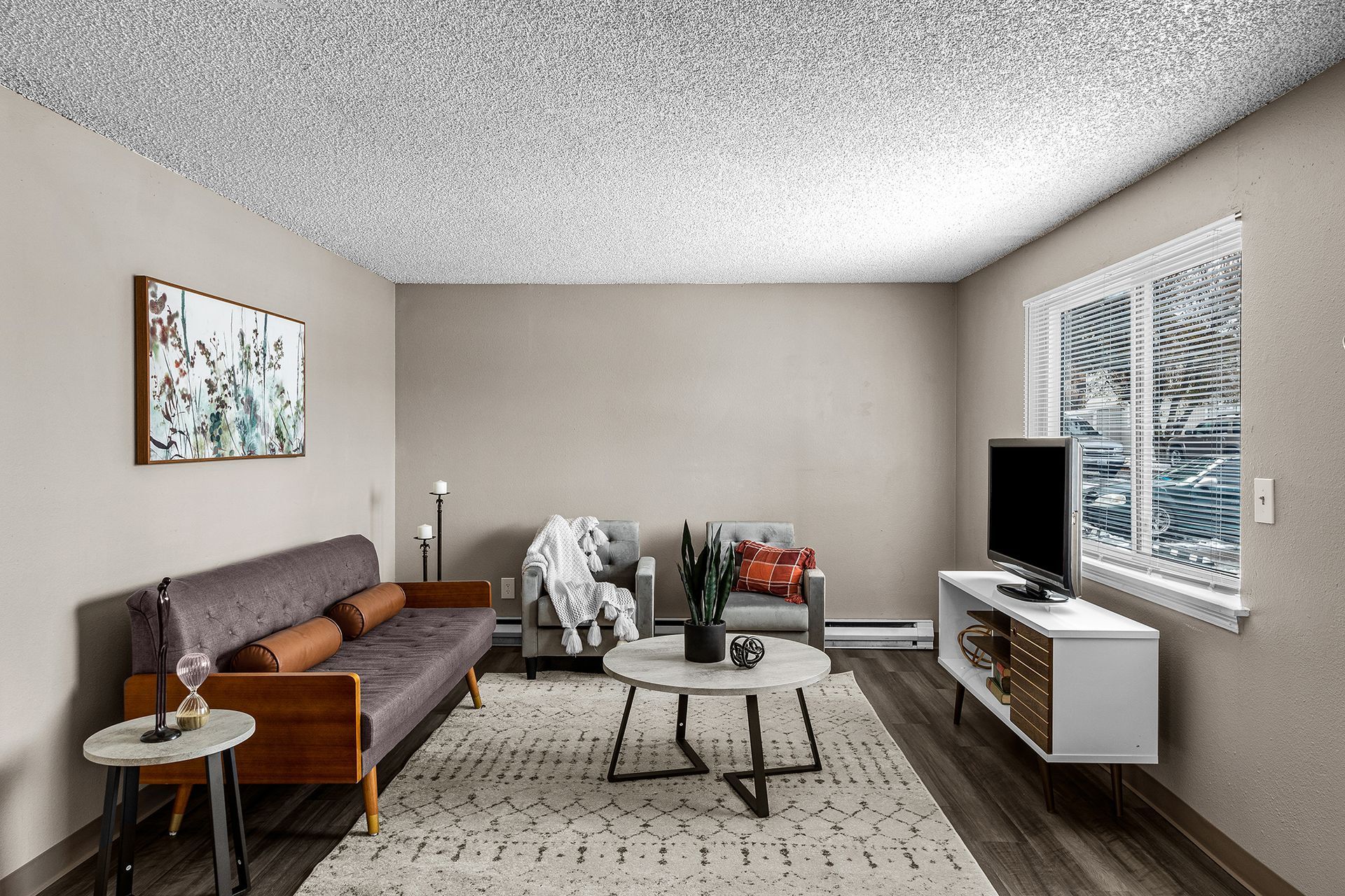 Modern living room with gray sofa, wooden chair, patterned rug, coffee table, TV, and large window with snowy view