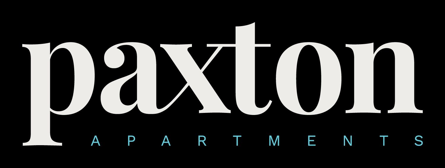 Paxton Apartments logo in white text on a black background