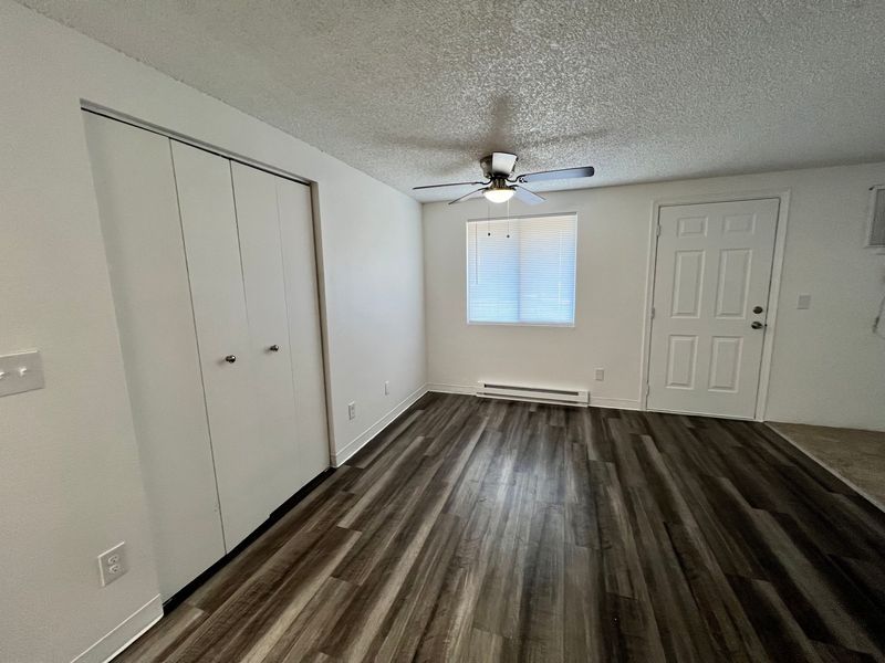 Empty bedroom with wood flooring, white walls, closet doors, window, ceiling fan, and entry door.