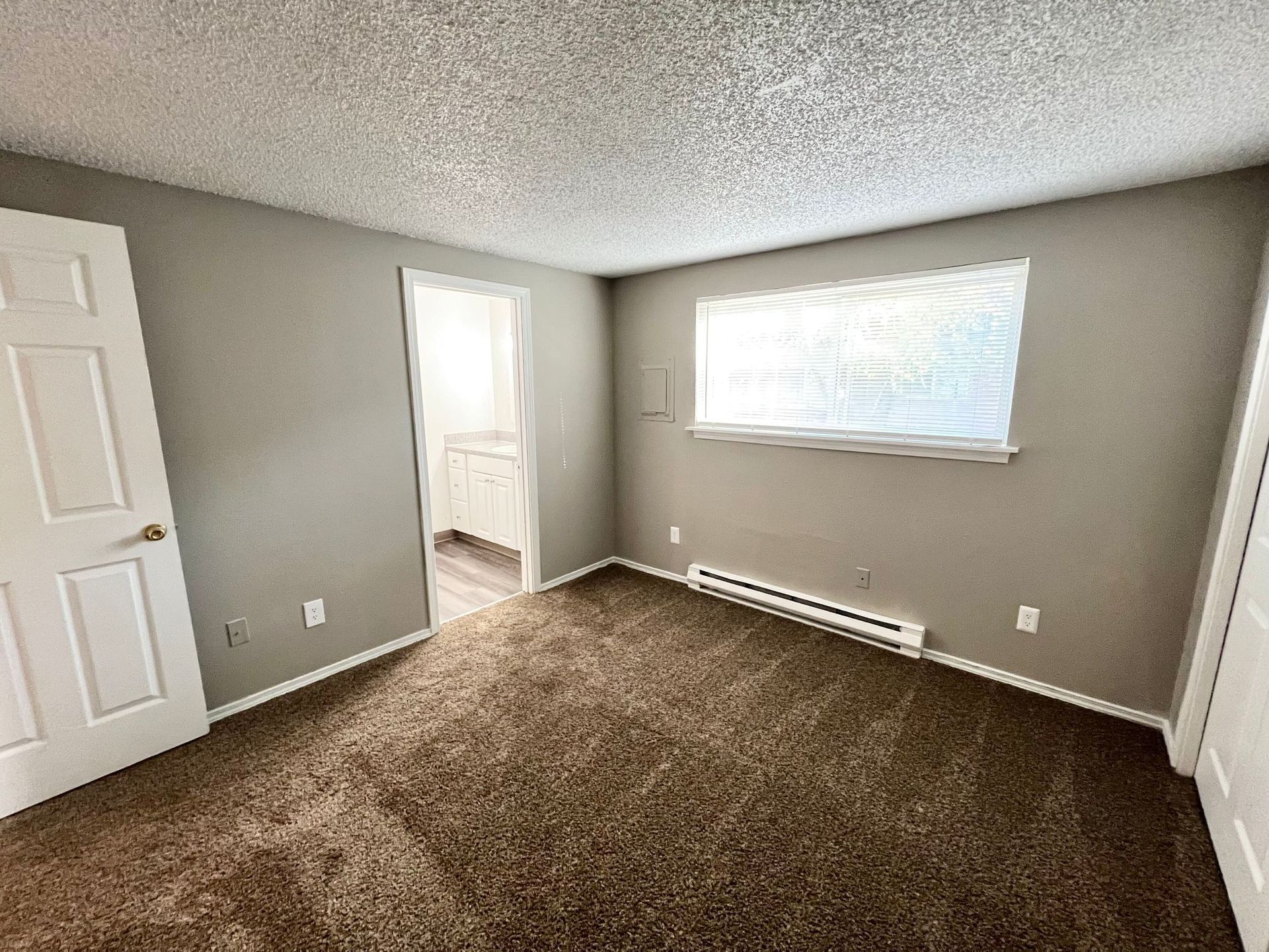 Empty beige bedroom with carpet, white doors, and a window with blinds.