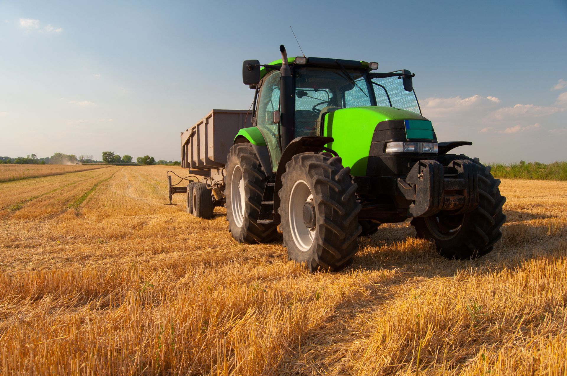 A green tractor is pulling a trailer through a field of wheat.