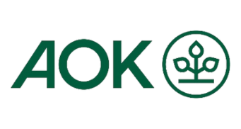 AOK-Logo mit dunkelgrüner Schrift und einem kreisförmigen Pflanzensymbol.