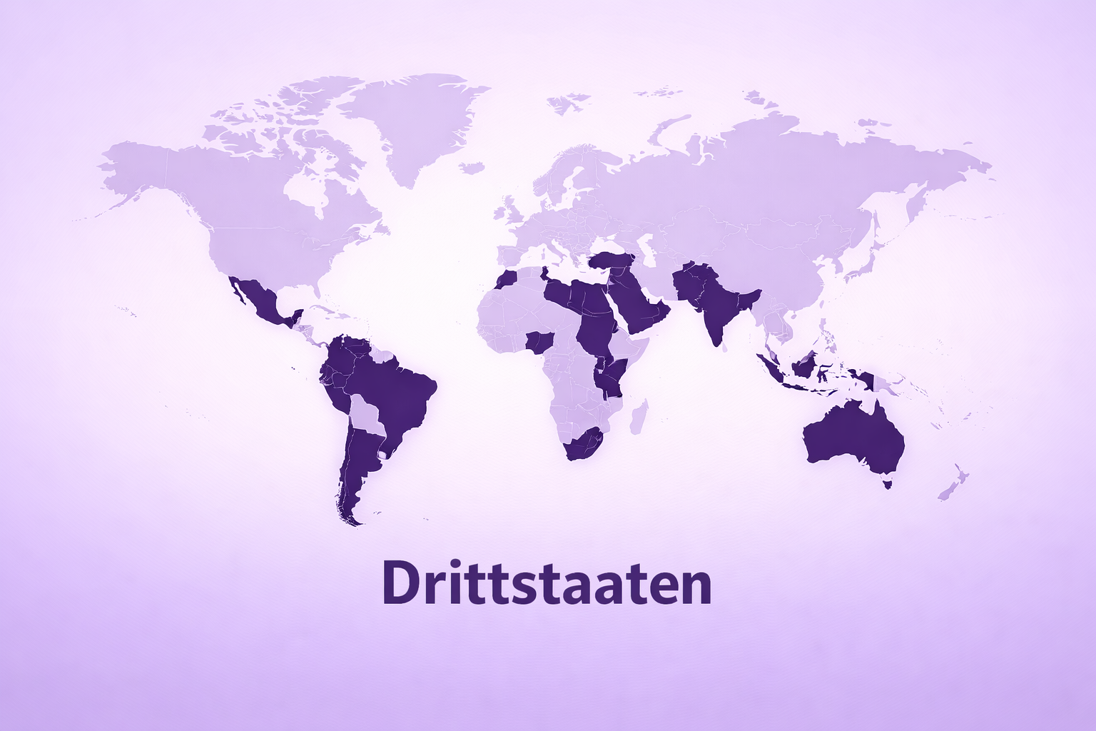 Weltkarte, auf der die Länder der „Dritten Welt“ dunkelviolett hervorgehoben sind.